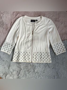 Chico’s traveler’s collection collarless faux suede white studded jacket
